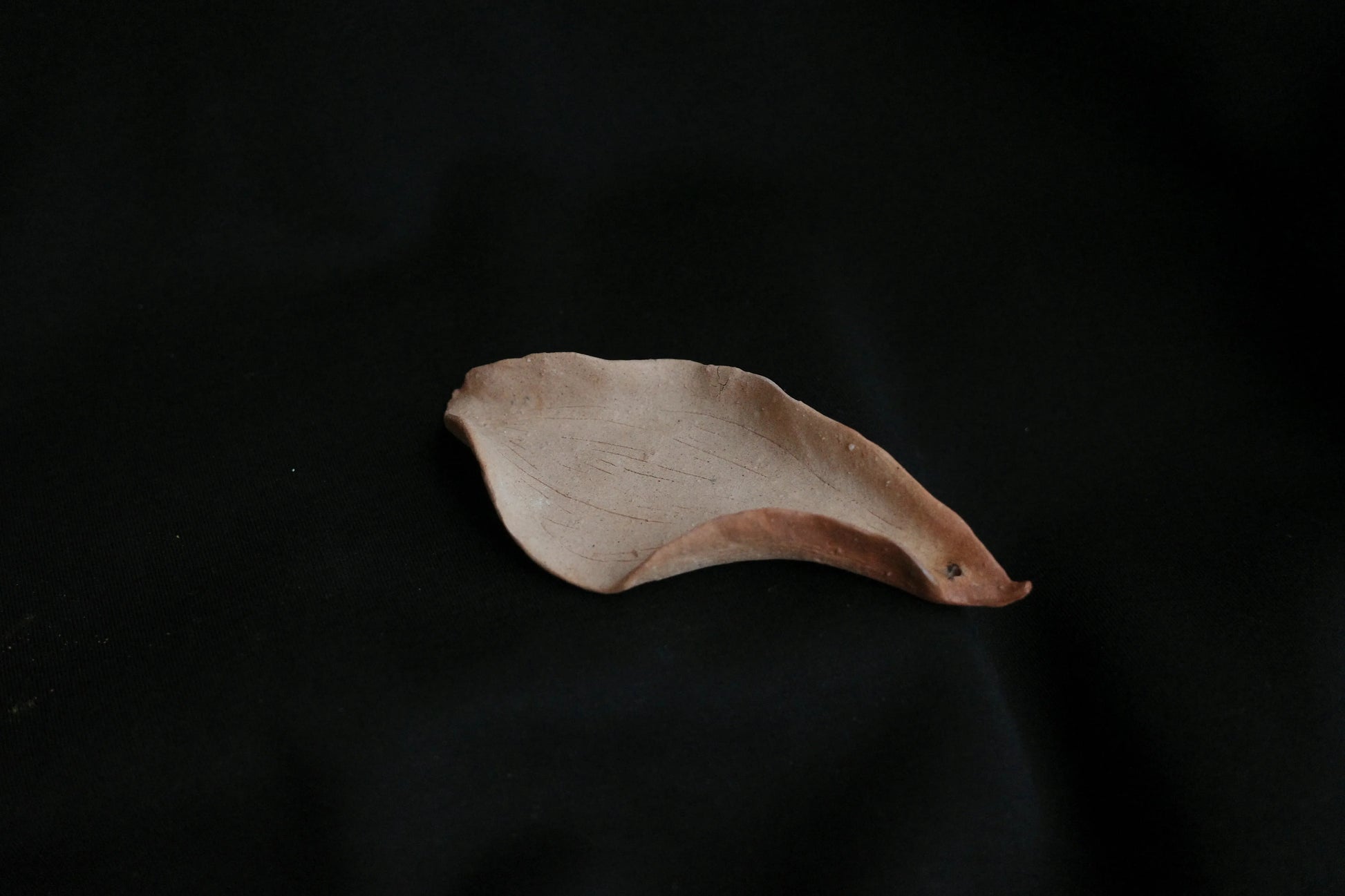 Handcrafted ceramic dish in organic leaf shape on black background, minimalist home decor