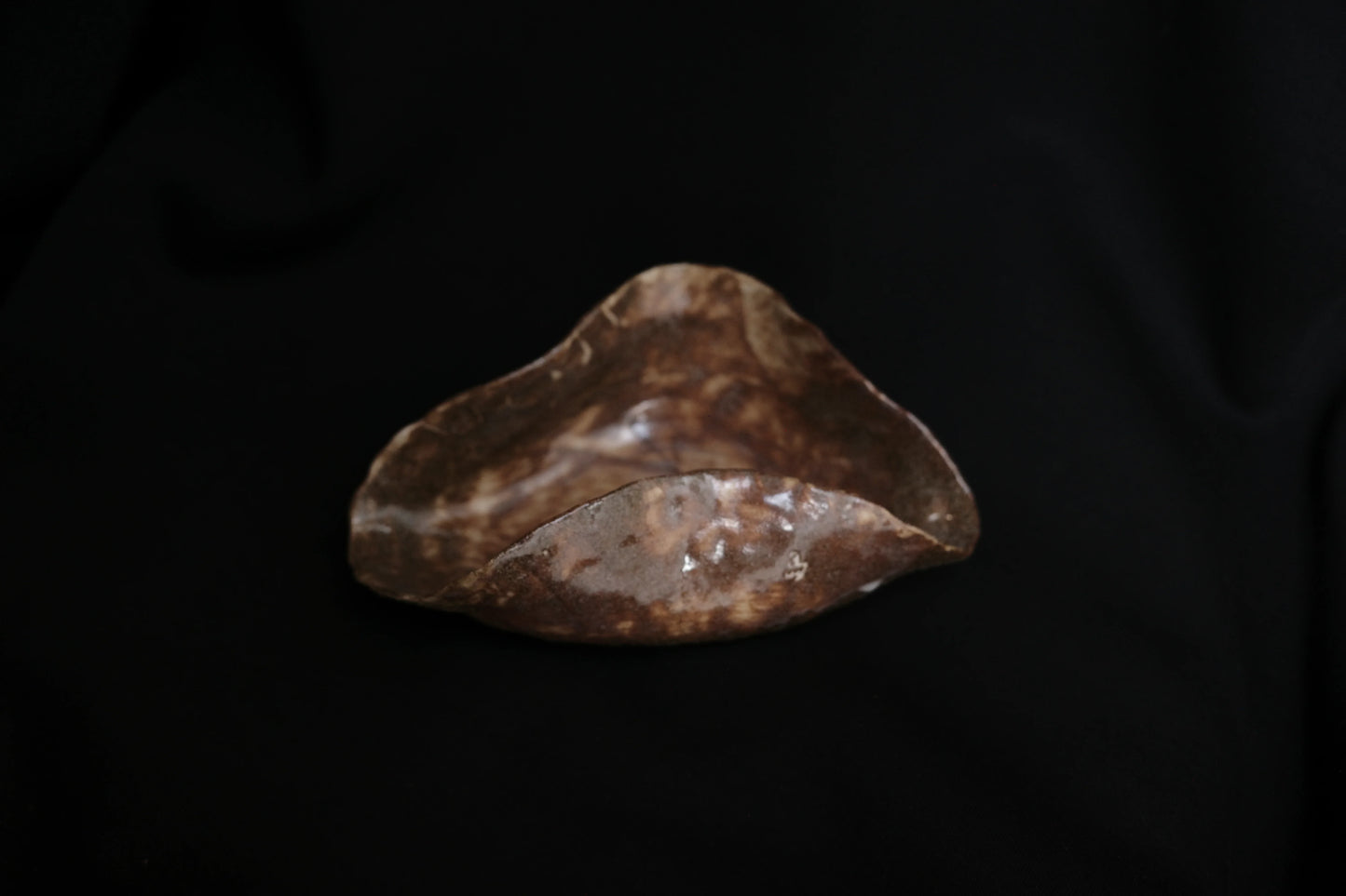 Handcrafted ceramic bowl with organic shape and earthy brown glaze on a black background