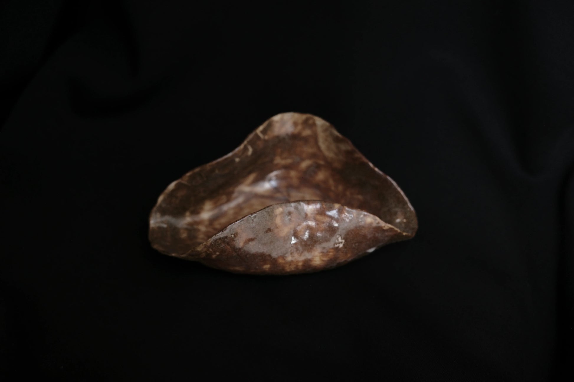 Handcrafted ceramic bowl with organic shape and earthy brown glaze on a black background