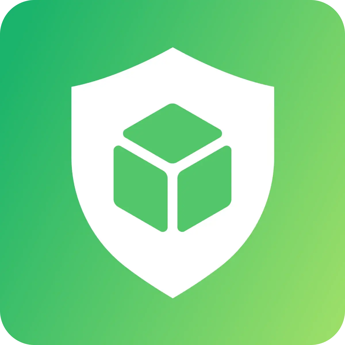 Green cube icon inside a white shield on green gradient background
